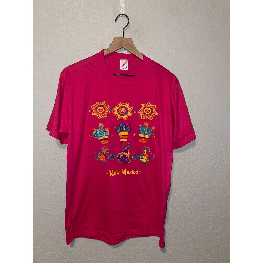 Vintage New Mexico Shirt Wolf Coyote Native American Graphic Art Tee Pink 90s L